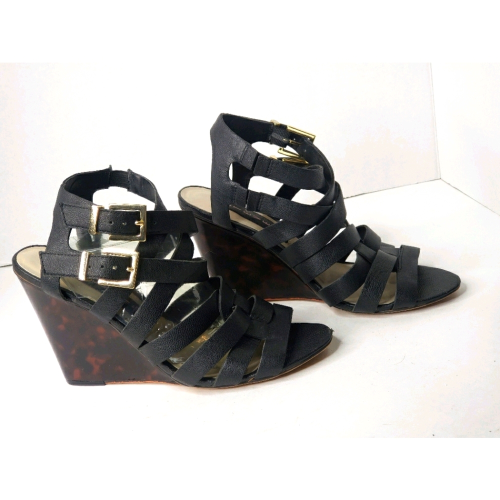 💥Steven - Black Leather Sandals w Tortoise Wedges